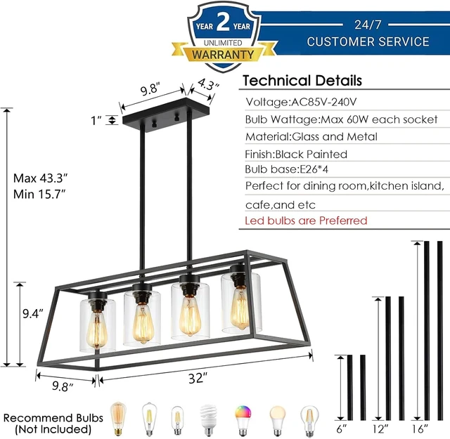 Alt view image 5 of 7 - 4-Light Black Farmhouse Chandelier for Dining Room Light Fixture