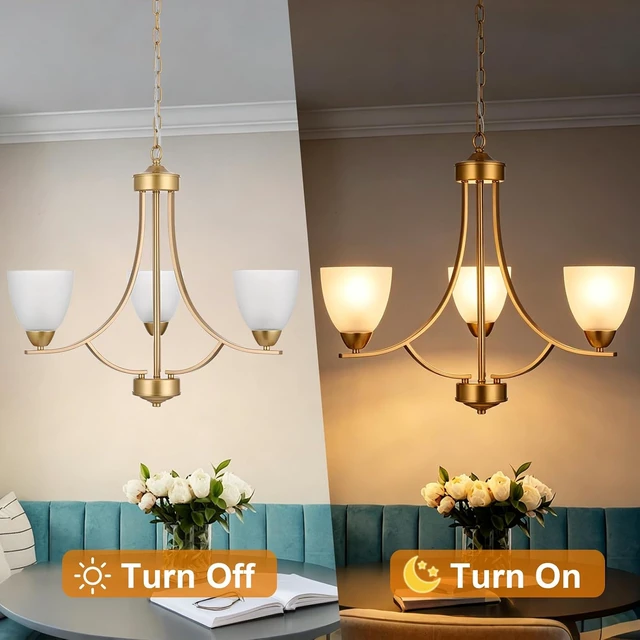 Alt view image 6 of 7 - 3 Light Retro Gold Finish Chandeliers with Alabaster Glass Shade,Rustic Lighting Fixtures Ceiling Hanging Modern Pendant Lights for Dining Room Foyer Living Room