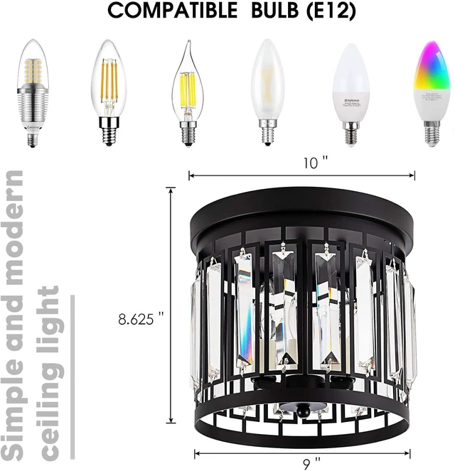 Alt view image 4 of 6 - Elegant Crystal Flush Mount Chandelier Light Fixture with K9 Crystal, 3 Light Modern Close to Ceiling Light for Kitchen Hallway Dining Room Living Room E12 Base Black