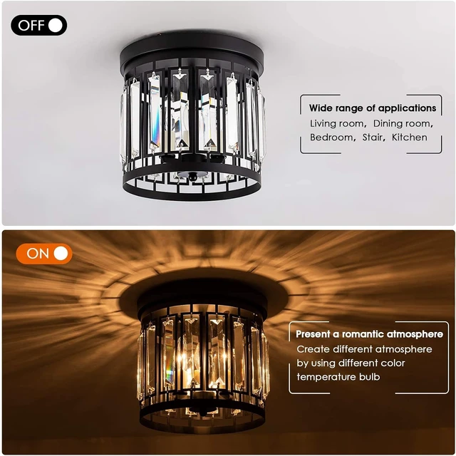Alt view image 5 of 6 - Elegant Crystal Flush Mount Chandelier Light Fixture with K9 Crystal, 3 Light Modern Close to Ceiling Light for Kitchen Hallway Dining Room Living Room E12 Base Black