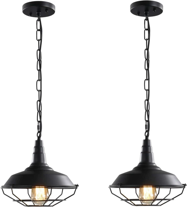 Main image of Industrial Pendant Lights 2 Pack Farmhouse Pendant Lights with Adjustable Chain, D10.2 Rustic Pendant Lighting Barn Black Metal Hanging Lights with Wire Cage for Kitchen Island Dining Room