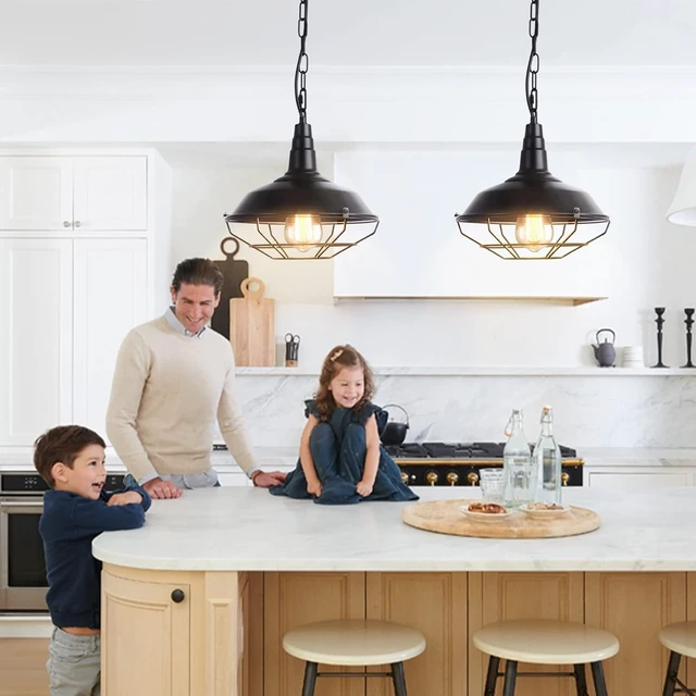Alt view image 2 of 7 - Industrial Pendant Lights 2 Pack Farmhouse Pendant Lights with Adjustable Chain, D10.2 Rustic Pendant Lighting Barn Black Metal Hanging Lights with Wire Cage for Kitchen Island Dining Room