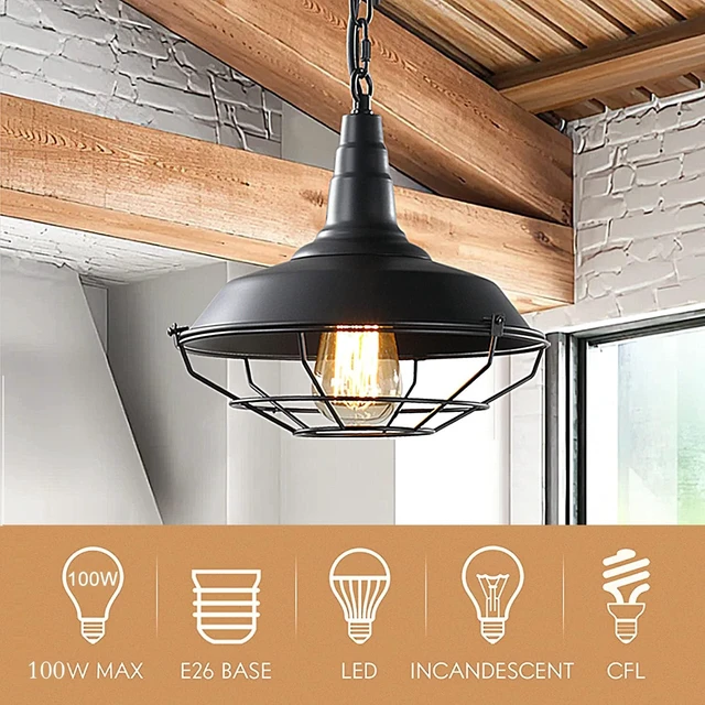 Alt view image 4 of 7 - Industrial Pendant Lights 2 Pack Farmhouse Pendant Lights with Adjustable Chain, D10.2 Rustic Pendant Lighting Barn Black Metal Hanging Lights with Wire Cage for Kitchen Island Dining Room