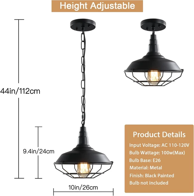Alt view image 5 of 7 - Industrial Pendant Lights 2 Pack Farmhouse Pendant Lights with Adjustable Chain, D10.2 Rustic Pendant Lighting Barn Black Metal Hanging Lights with Wire Cage for Kitchen Island Dining Room