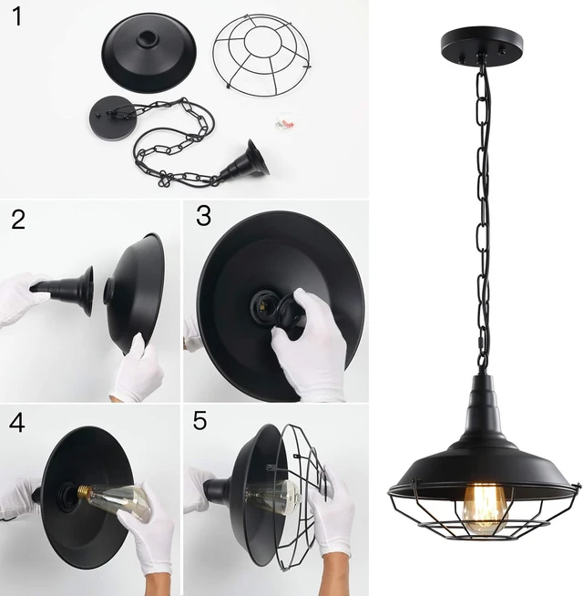 Alt view image 7 of 7 - Industrial Pendant Lights 2 Pack Farmhouse Pendant Lights with Adjustable Chain, D10.2 Rustic Pendant Lighting Barn Black Metal Hanging Lights with Wire Cage for Kitchen Island Dining Room