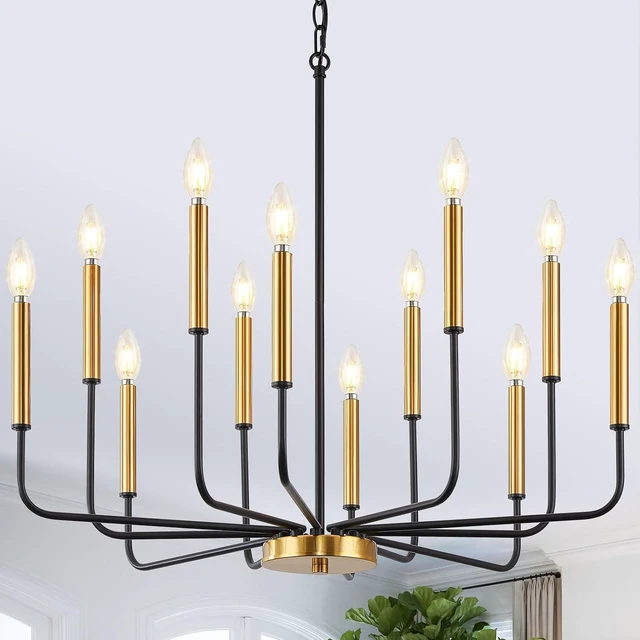 Main image of 12-Light Black and Gold Dining Room Chandelier Light Fixture