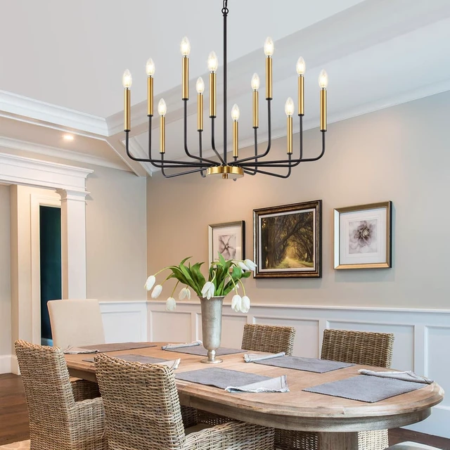 Alt view image 2 of 7 - 12-Light Black and Gold Dining Room Chandelier Light Fixture