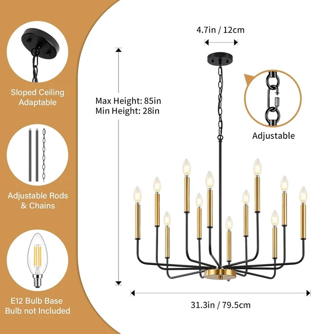 Alt view image 3 of 7 - 12-Light Black and Gold Dining Room Chandelier Light Fixture