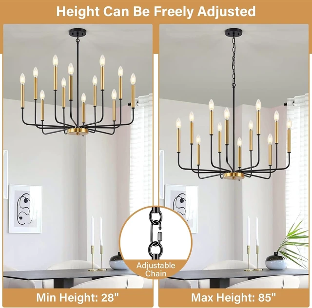 Alt view image 4 of 7 - 12-Light Black and Gold Dining Room Chandelier Light Fixture