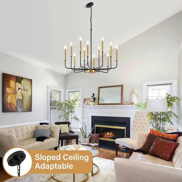 Alt view image 6 of 7 - 12-Light Black and Gold Dining Room Chandelier Light Fixture
