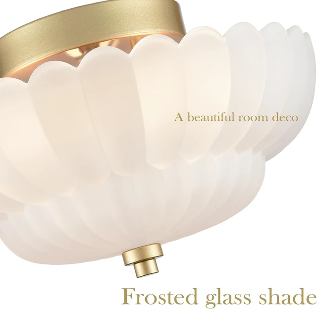 Alt view image 2 of 7 - HYDELITE Gold Flush Mount Ceiling Light with Scalloped Frosted Milk Glass