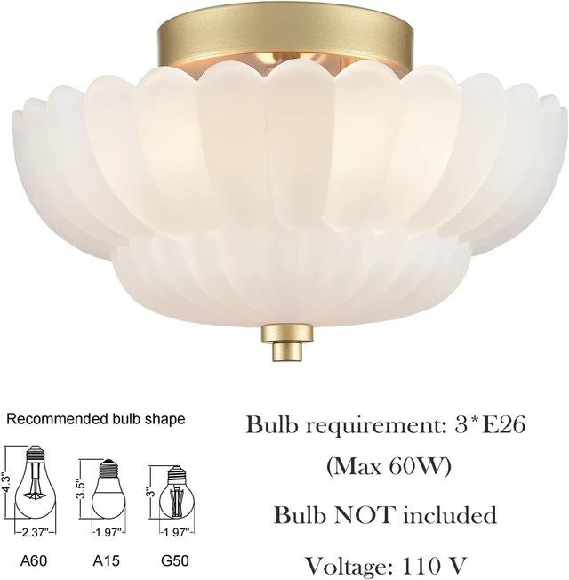 Alt view image 3 of 7 - HYDELITE Gold Flush Mount Ceiling Light with Scalloped Frosted Milk Glass