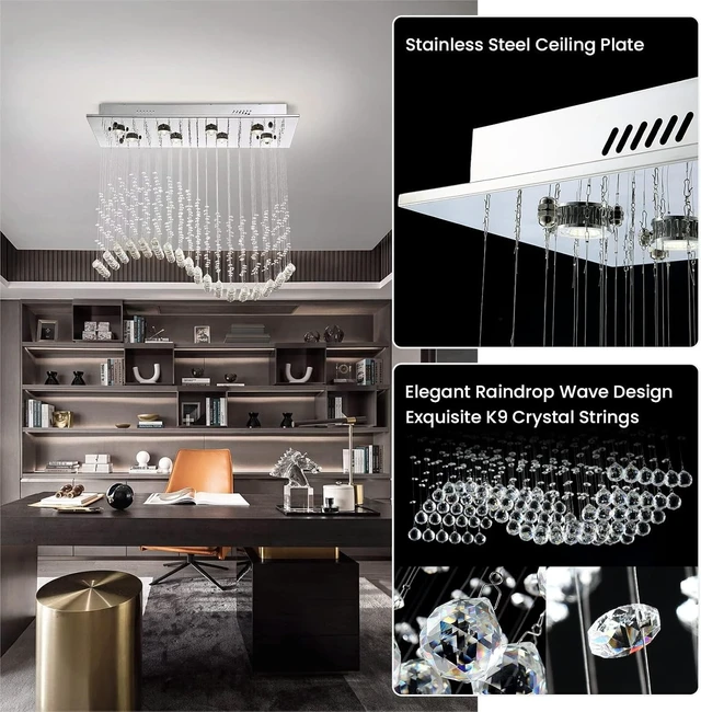 Alt view image 6 of 7 - Siljoy 31.5'' Modern Wave Raindrop Crystal Ceiling Light for Dining Room