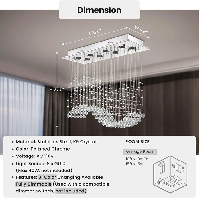 Alt view image 7 of 7 - Siljoy 31.5'' Modern Wave Raindrop Crystal Ceiling Light for Dining Room