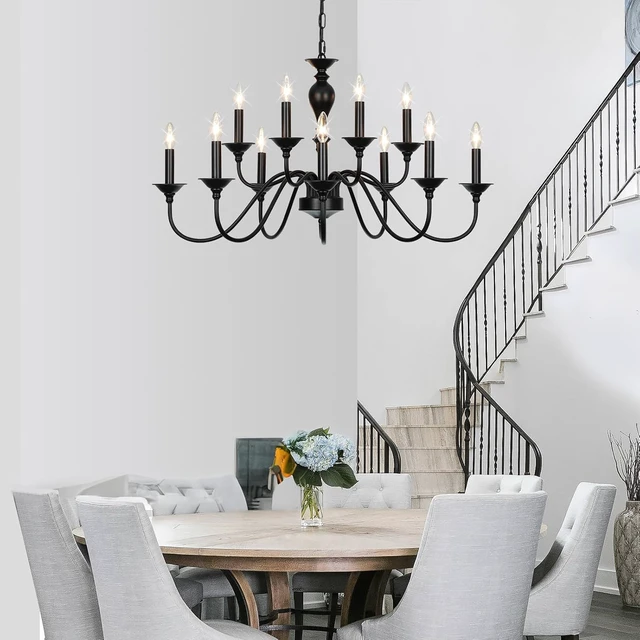 Alt view image 4 of 7 - 12-Light Black Farmhouse Chandeliers for Dining Room Light Fixture 37"