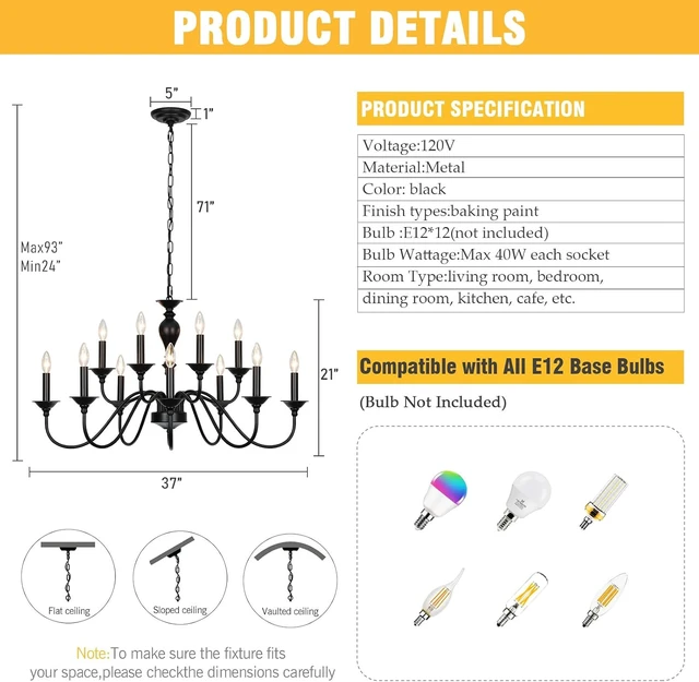 Alt view image 6 of 7 - 12-Light Black Farmhouse Chandeliers for Dining Room Light Fixture 37"