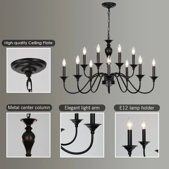 Alt view image 5 of 7 - 12-Light Black Farmhouse Chandeliers for Dining Room Light Fixture 37"