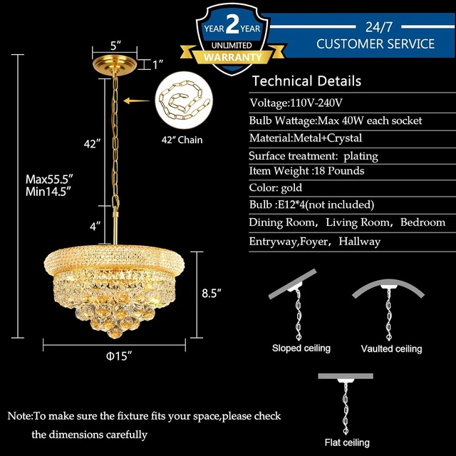 Alt view image 5 of 7 - Gold Crystal Chandeliers for Dining Room4-Lights D15 Inch