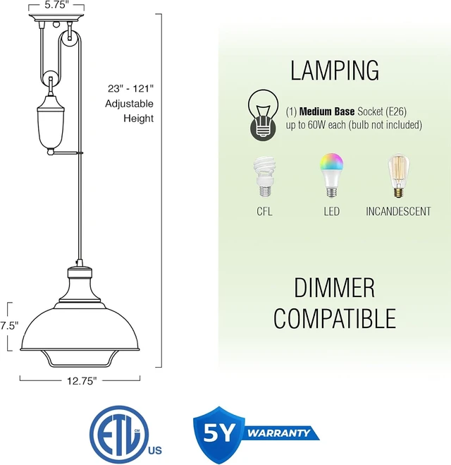 Alt view image 5 of 7 - Kira Home Sequoia 13" Large Industrial Farmhouse Pulley Pendant Light