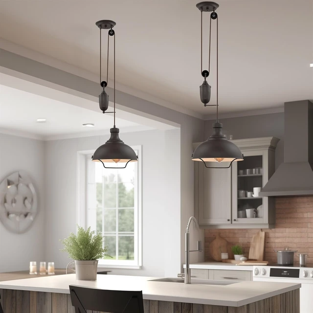 Alt view image 4 of 7 - Kira Home Sequoia 13" Large Industrial Farmhouse Pulley Pendant Light