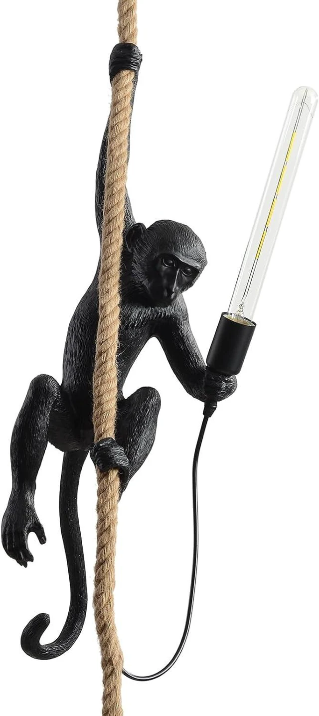 Main image of Modern Resin Monkey Wall Lamp & Pendant Light - Hemp Rope Vintage Lamp for Home Decor - Dining, Living Room, Bedroom, Entryway (Black)