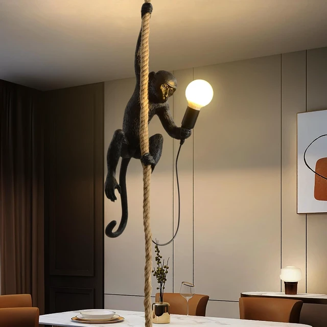 Alt view image 2 of 7 - Modern Resin Monkey Wall Lamp & Pendant Light - Hemp Rope Vintage Lamp for Home Decor - Dining, Living Room, Bedroom, Entryway (Black)