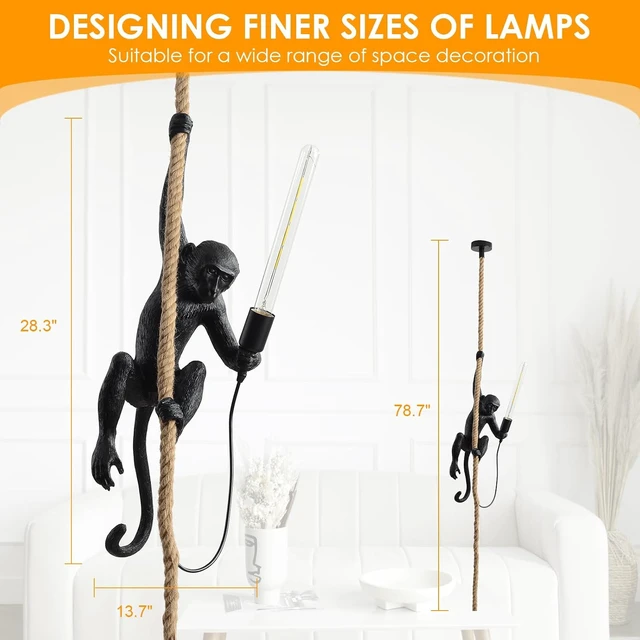 Alt view image 3 of 7 - Modern Resin Monkey Wall Lamp & Pendant Light - Hemp Rope Vintage Lamp for Home Decor - Dining, Living Room, Bedroom, Entryway (Black)