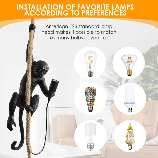 Alt view image 4 of 7 - Modern Resin Monkey Wall Lamp & Pendant Light - Hemp Rope Vintage Lamp for Home Decor - Dining, Living Room, Bedroom, Entryway (Black)