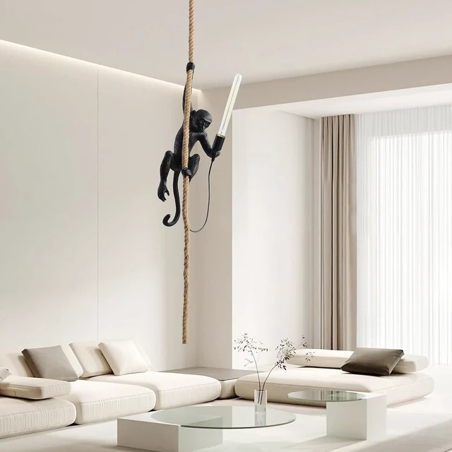 Alt view image 6 of 7 - Modern Resin Monkey Wall Lamp & Pendant Light - Hemp Rope Vintage Lamp for Home Decor - Dining, Living Room, Bedroom, Entryway (Black)