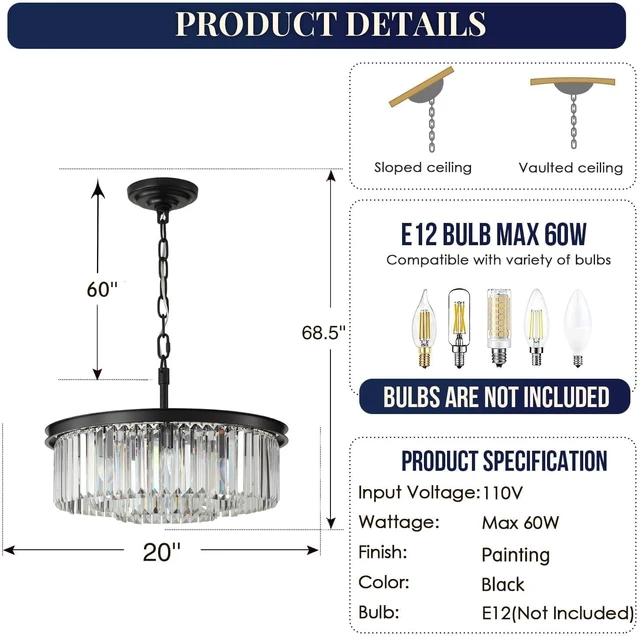 Alt view image 5 of 6 - Modern 8-Light Crystal Chandelier, 20 Inch Black