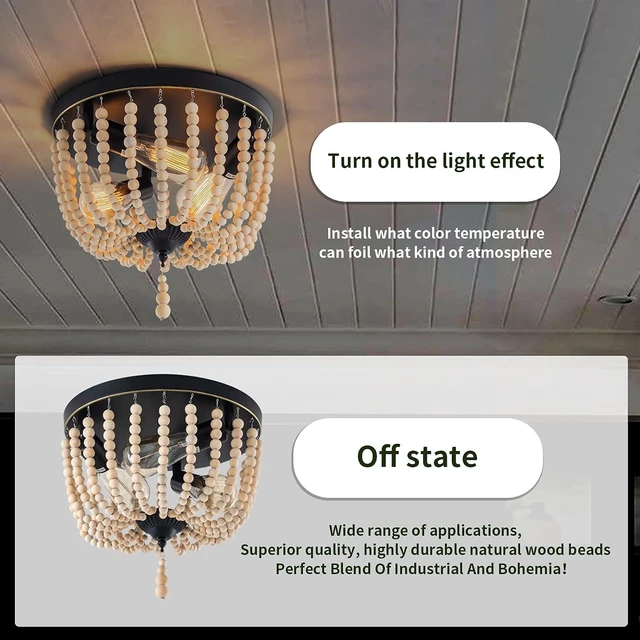 Alt view image 2 of 7 - Farmhouse Wood Beaded Flush Mount Ceiling Light,3-Light Boho Wooden Bead Chandelier Vintage Lighting Fixtures for Entryway, Hallway, Foyer, Bedroom, Black Finish with Golden Edge Painting