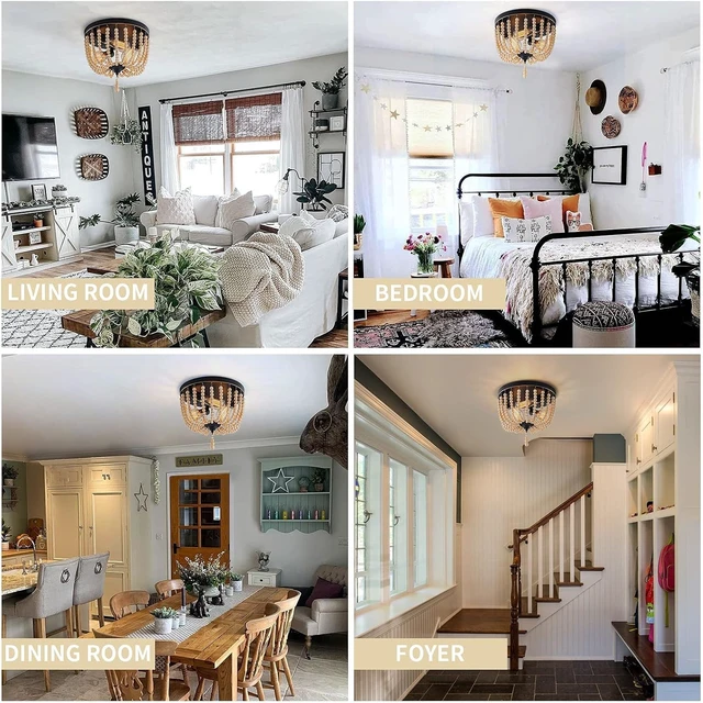 Alt view image 3 of 7 - Farmhouse Wood Beaded Flush Mount Ceiling Light,3-Light Boho Wooden Bead Chandelier Vintage Lighting Fixtures for Entryway, Hallway, Foyer, Bedroom, Black Finish with Golden Edge Painting