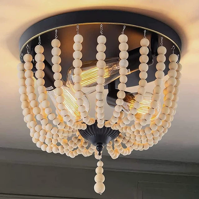 Main image of Farmhouse Wood Beaded Flush Mount Ceiling Light,3-Light Boho Wooden Bead Chandelier Vintage Lighting Fixtures for Entryway, Hallway, Foyer, Bedroom, Black Finish with Golden Edge Painting