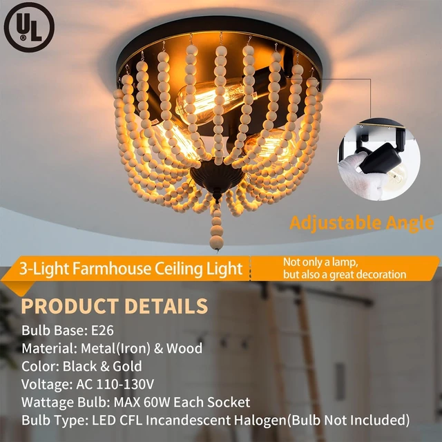 Alt view image 4 of 7 - Farmhouse Wood Beaded Flush Mount Ceiling Light,3-Light Boho Wooden Bead Chandelier Vintage Lighting Fixtures for Entryway, Hallway, Foyer, Bedroom, Black Finish with Golden Edge Painting