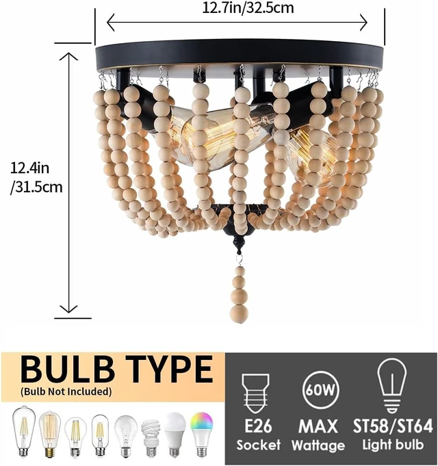 Alt view image 5 of 7 - Farmhouse Wood Beaded Flush Mount Ceiling Light,3-Light Boho Wooden Bead Chandelier Vintage Lighting Fixtures for Entryway, Hallway, Foyer, Bedroom, Black Finish with Golden Edge Painting