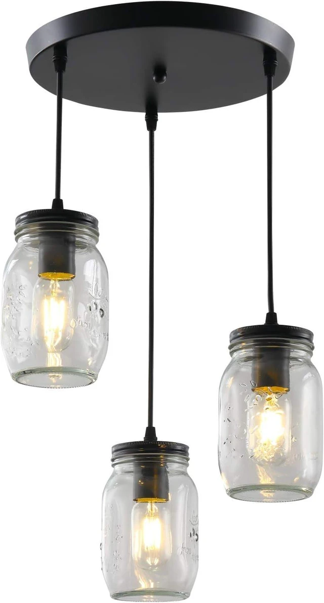 Main image of 3-Light Cluster Pendant Lighting, Kitchen Island Light Glass 3 Lights Chandelier, Mason Jar Pendant Light Fixture, Adjustable Height Ceiling Hanging Light for Kitchen Island Dining Room, E26