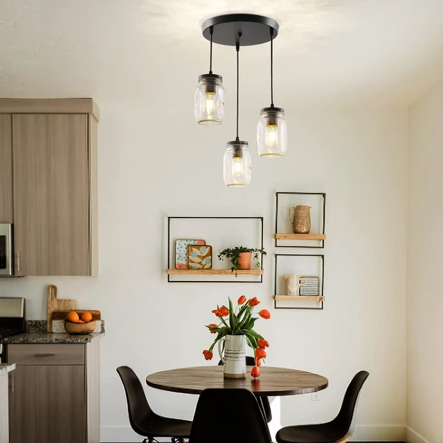 Alt view image 2 of 7 - 3-Light Cluster Pendant Lighting, Kitchen Island Light Glass 3 Lights Chandelier, Mason Jar Pendant Light Fixture, Adjustable Height Ceiling Hanging Light for Kitchen Island Dining Room, E26
