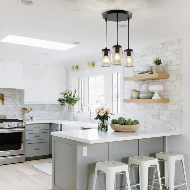 Alt view image 3 of 7 - 3-Light Cluster Pendant Lighting, Kitchen Island Light Glass 3 Lights Chandelier, Mason Jar Pendant Light Fixture, Adjustable Height Ceiling Hanging Light for Kitchen Island Dining Room, E26