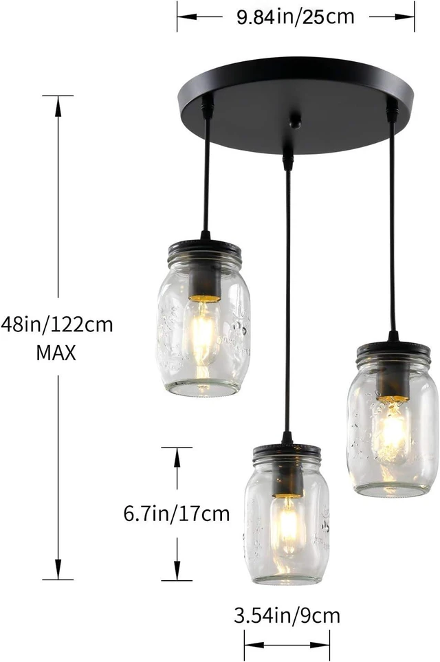 Alt view image 5 of 7 - 3-Light Cluster Pendant Lighting, Kitchen Island Light Glass 3 Lights Chandelier, Mason Jar Pendant Light Fixture, Adjustable Height Ceiling Hanging Light for Kitchen Island Dining Room, E26