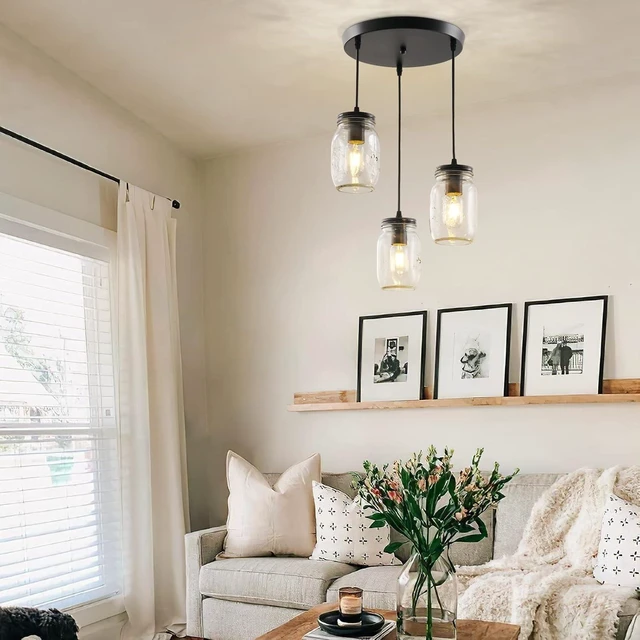 Alt view image 4 of 7 - 3-Light Cluster Pendant Lighting, Kitchen Island Light Glass 3 Lights Chandelier, Mason Jar Pendant Light Fixture, Adjustable Height Ceiling Hanging Light for Kitchen Island Dining Room, E26
