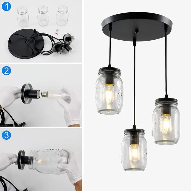 Alt view image 7 of 7 - 3-Light Cluster Pendant Lighting, Kitchen Island Light Glass 3 Lights Chandelier, Mason Jar Pendant Light Fixture, Adjustable Height Ceiling Hanging Light for Kitchen Island Dining Room, E26