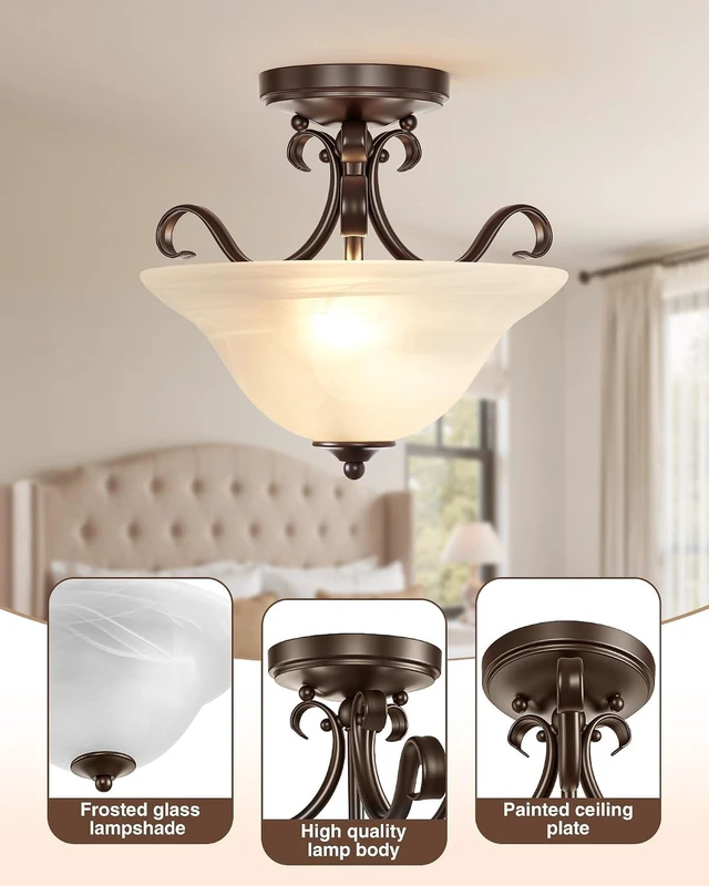 Alt view image 3 of 7 - 12" Retro Semi Flush Mount Ceiling Light, Brown Ceiling Light Fixture