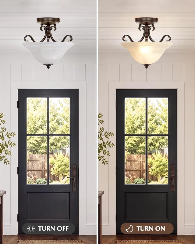 Alt view image 4 of 7 - 12" Retro Semi Flush Mount Ceiling Light, Brown Ceiling Light Fixture