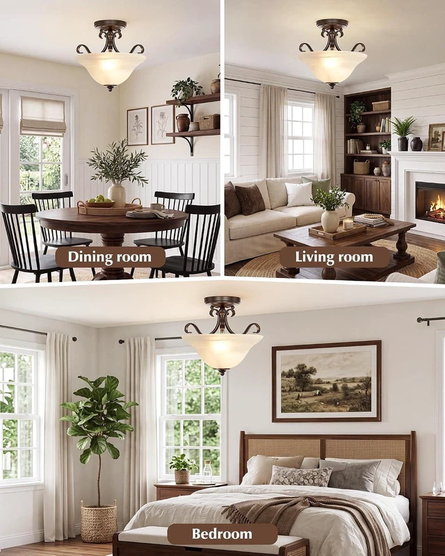 Alt view image 5 of 7 - 12" Retro Semi Flush Mount Ceiling Light, Brown Ceiling Light Fixture