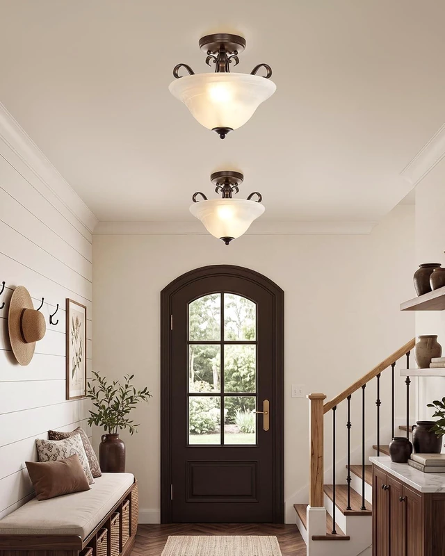 Alt view image 6 of 7 - 12" Retro Semi Flush Mount Ceiling Light, Brown Ceiling Light Fixture