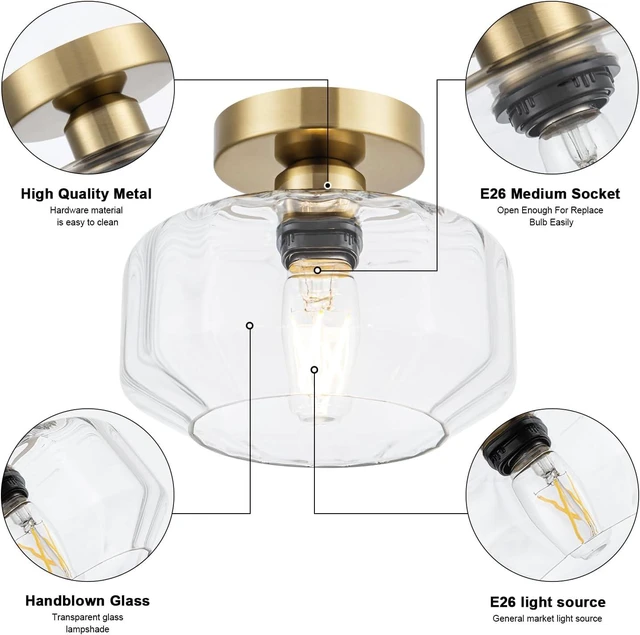 Alt view image 5 of 7 - Tbaoinal Semi Flush Mount Ceiling Light with Diamond Glass Shade, 36-Faceted Panels Create Starburst Effect, 1200LM LED Bulb Included Brushed Gold Finish Ideal for Hallway Entryway Kitchen Bathroom