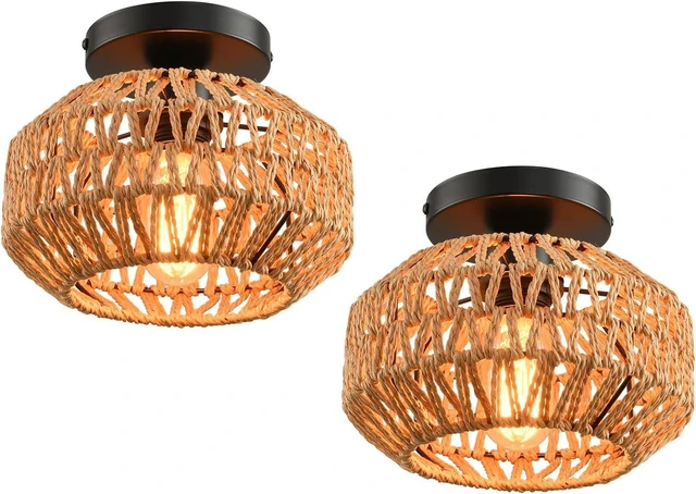 Main image of 2 Pack Farmhouse Light Fixtures Ceiling Mount,Mini Rattan Boho Semi Flush Mount Ceiling Light,Hand Woven Hallway Light Fixtures for Bedroom Entryway Nursery Study Room