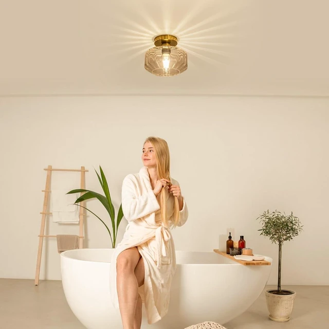 Alt view image 2 of 7 - Tbaoinal Semi Flush Mount Ceiling Light with Diamond Glass Shade, 36-Faceted Panels Create Starburst Effect, 1200LM LED Bulb Included Brushed Gold Finish Ideal for Hallway Entryway Kitchen Bathroom