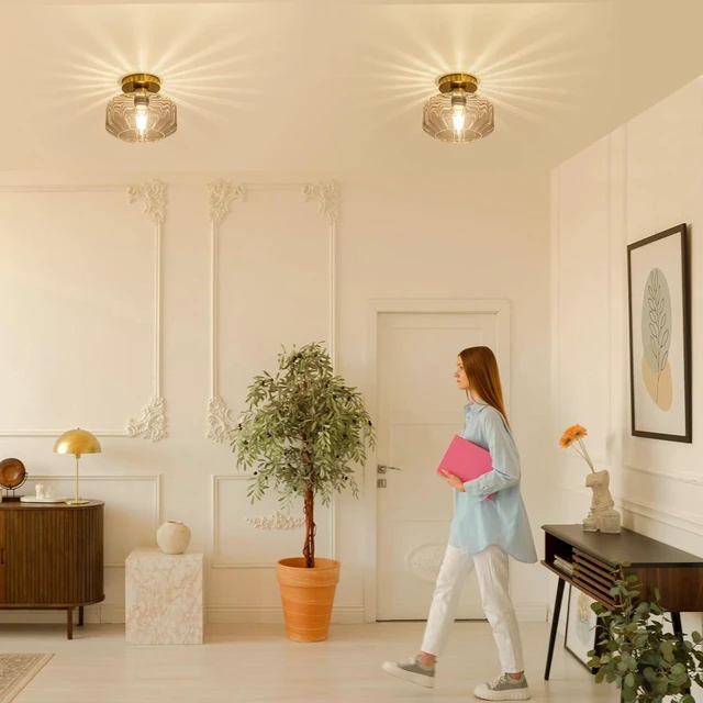 Alt view image 7 of 7 - Tbaoinal Semi Flush Mount Ceiling Light with Diamond Glass Shade, 36-Faceted Panels Create Starburst Effect, 1200LM LED Bulb Included Brushed Gold Finish Ideal for Hallway Entryway Kitchen Bathroom
