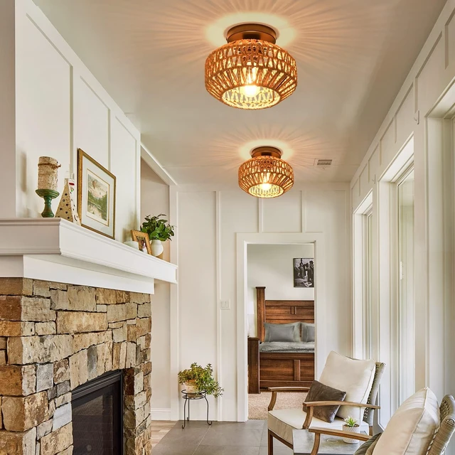 Alt view image 2 of 7 - 2 Pack Farmhouse Light Fixtures Ceiling Mount,Mini Rattan Boho Semi Flush Mount Ceiling Light,Hand Woven Hallway Light Fixtures for Bedroom Entryway Nursery Study Room